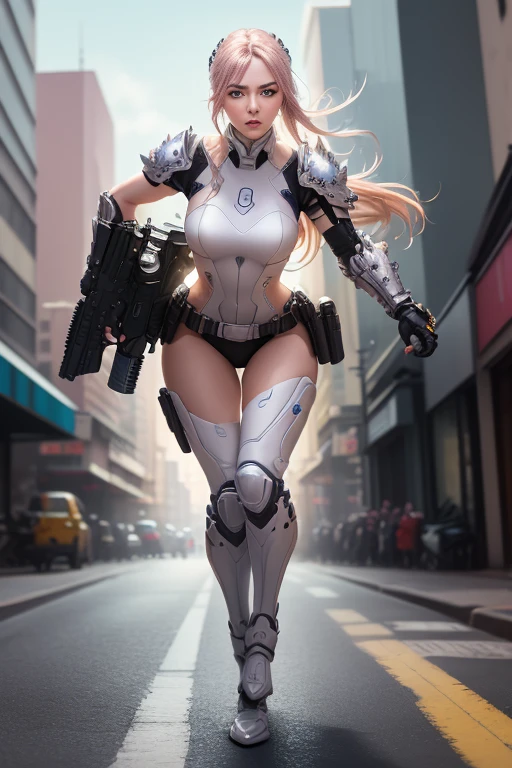 closeup shot, (((masterpiece, best quality, illustration, extremely detailed, 8k, 4k, 2k))), (high res)  A female knsg, ghostsui, wearing white armor, combat armor, holding an electric gun, aimingpistol, and shooting in the street in a futuristic style and video game artstyle.  It is a cyberpunk character design with high resolution, high quality, and high detail. The lighting is cinematic with a full body shot in a photo realistic style (((Action Pose)), Dinamic pose, 