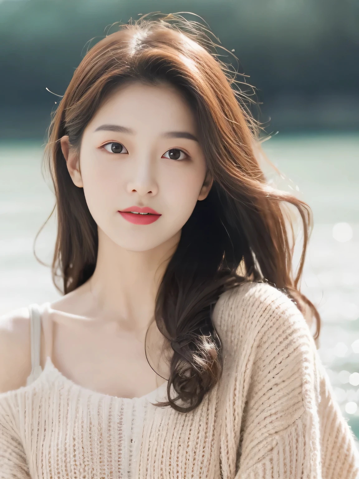 1girl walking on the river, Mix 4, sweater, Pillow, Mouth, Open it_Mouth, Practical, photo_\(Moderate\), Solitary, Stuffed_animal, Stuffed_Toy, Teddy Bear_Bear,(masterpiece),(photoPractical:1.3), Super detailed, (Highly detailed skin:1.2),(best quality:1.0), (Ultra-high resolution:1.0), (ulzzang-6500:0.3), Wavy detailed hair, Long hair, Sunlight, (Beautiful and delicate makeup), ( excitement, blushing, heavy breathing:1.0), Flower theme petals scatte (Soft light blooms:0.5)
