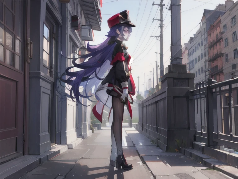 ((masterpiece,best quality)), 1 Girl, barber, Military cap, Eye mask, Separate sleeves, Black pantyhose, Boots, from the side, With a long knife, Smile,outdoors