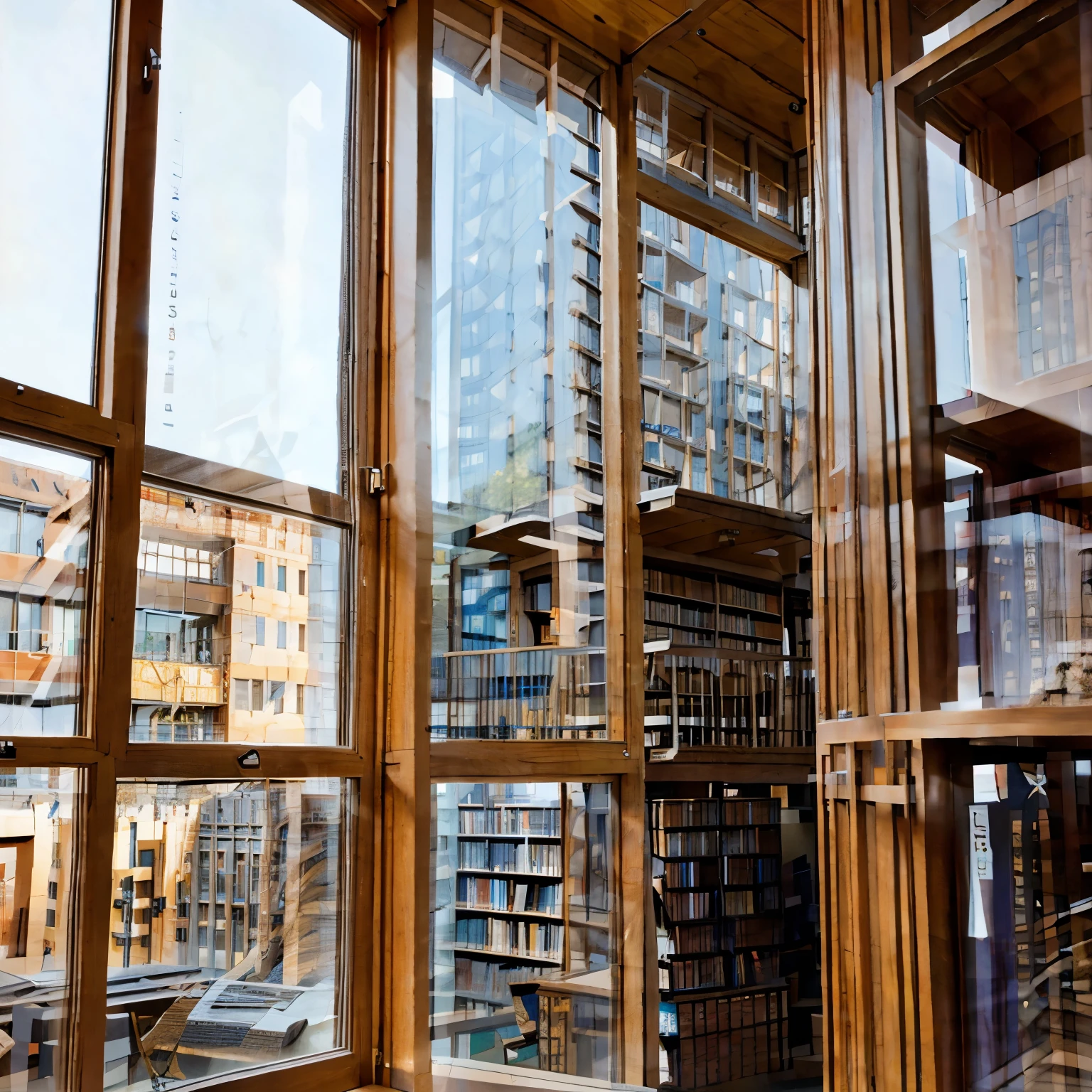 Library, modern, wooden color, with many windows, glass, many interlocking blocks