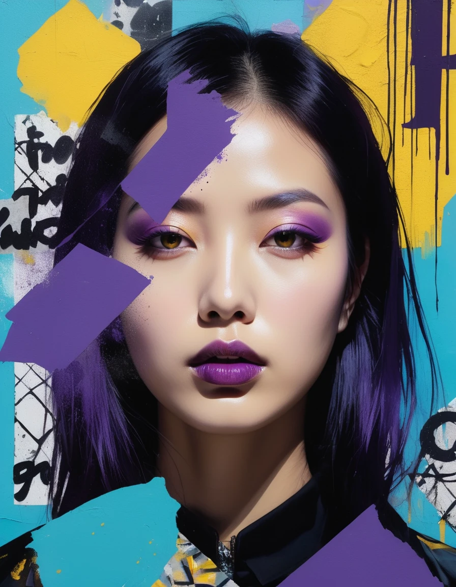 Abstract collage mixing purple and yellow, graffiti-influenced portrayal, serene faces up-close amidst gutai-style mundane materials interspersed with light cyan and black patterns, mixed media approach, dramatic lighting, ultra clear, digital painting