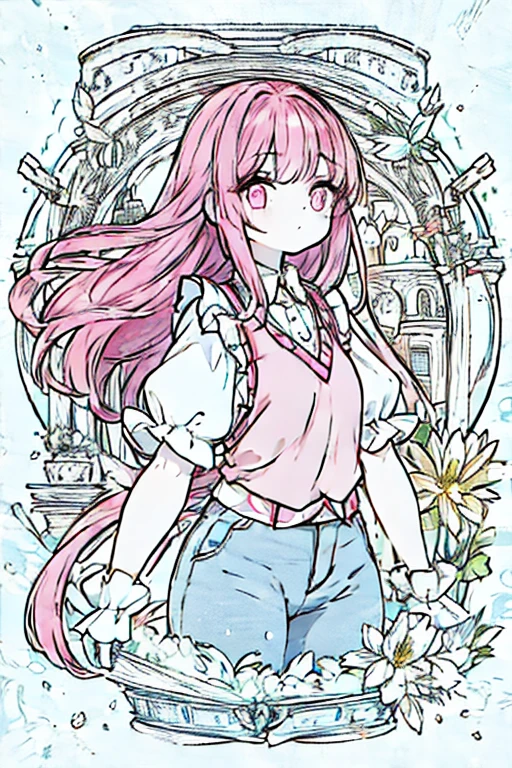 girl with long pink hair, with a flat pompadour, pink eyes, pale yellow t-shirt, open vest, mid-cut jeans