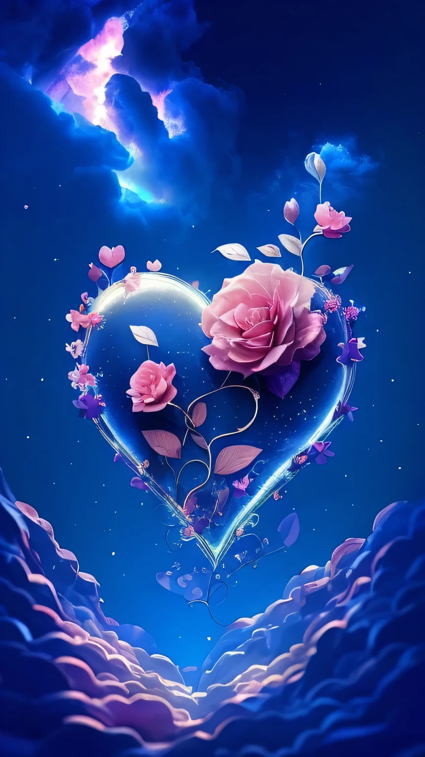 a close up of a heart shaped object with flowers on it, blue and pink colors, magic heart, beautiful wallpaper, pink and blue colors, blue and pink, background is heavenly, heart made of flowers, beautiful hd, ❤🔥🍄🌪, amazing wallpaper, pink and blue colour, beautiful art, profile pic, real heart, beautiful digital art