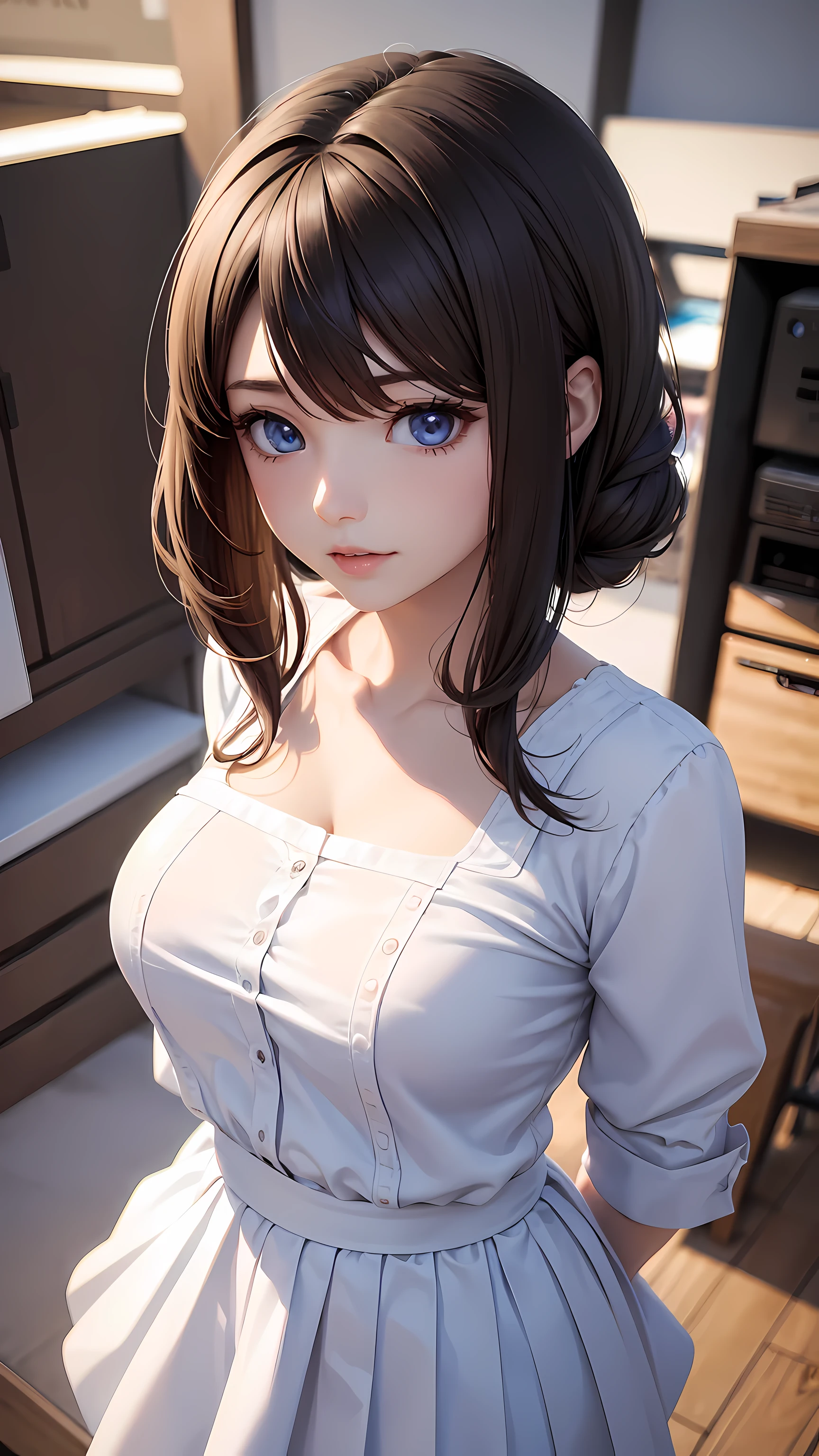 high quality, 4K, within the framework, Close-up portrait of brunette woman wearing white shirt and light blue skirt, Realistic anime girl rendering, Cute 3D anime girl rendering, April renderings, Anime VTuber full body model, full body xianxia, live2d virtual YouTuber model, Smooth anime CG art, Realistic portrait full body realistic anime 3D style, Realistic full body
