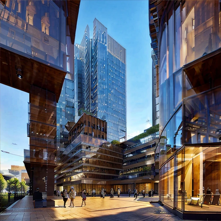 Library, modern, wooden color, many windows, glass, many blocks, the building has a panoramic view from the outside