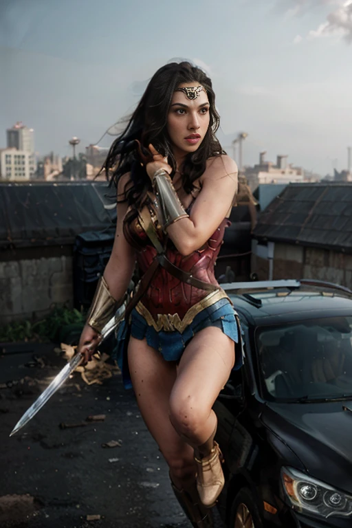 best quality, 1girl, solo, ultra-realistic, finely detailed, realistic details, gal gadot wonder woman, jumping onto the roof of a car, carrying a silver amazonian sword in his right hand, full body, her skin is dirty from the fight, wavy black hair, brown eyes, golden lasso of truth at the waist, cityscape with explosions, blurry background, award winning photo by lee jeffries, nikon d850 film stock photograph, kodak portra 400 camera f1.6 lens, volumetric lighting, rich deep colors, sharp focus, cinematic lighting, octane render, unreal engine,