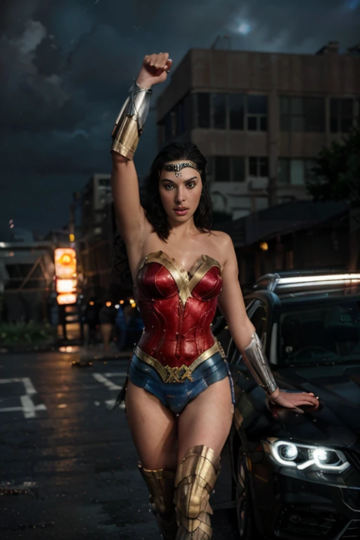best quality, 1girl, solo, ultra-realistic, finely detailed, realistic details, gal gadot wonder woman, jumping onto the roof of a car, carrying a silver amazonian sword in his right hand, full body, her skin is dirty from the fight, wavy black hair, brown eyes, golden lasso of truth at the waist, cityscape with explosions, blurry background, award winning photo by lee jeffries, nikon d850 film stock photograph, kodak portra 400 camera f1.6 lens, volumetric lighting, rich deep colors, sharp focus, cinematic lighting, octane render, unreal engine,