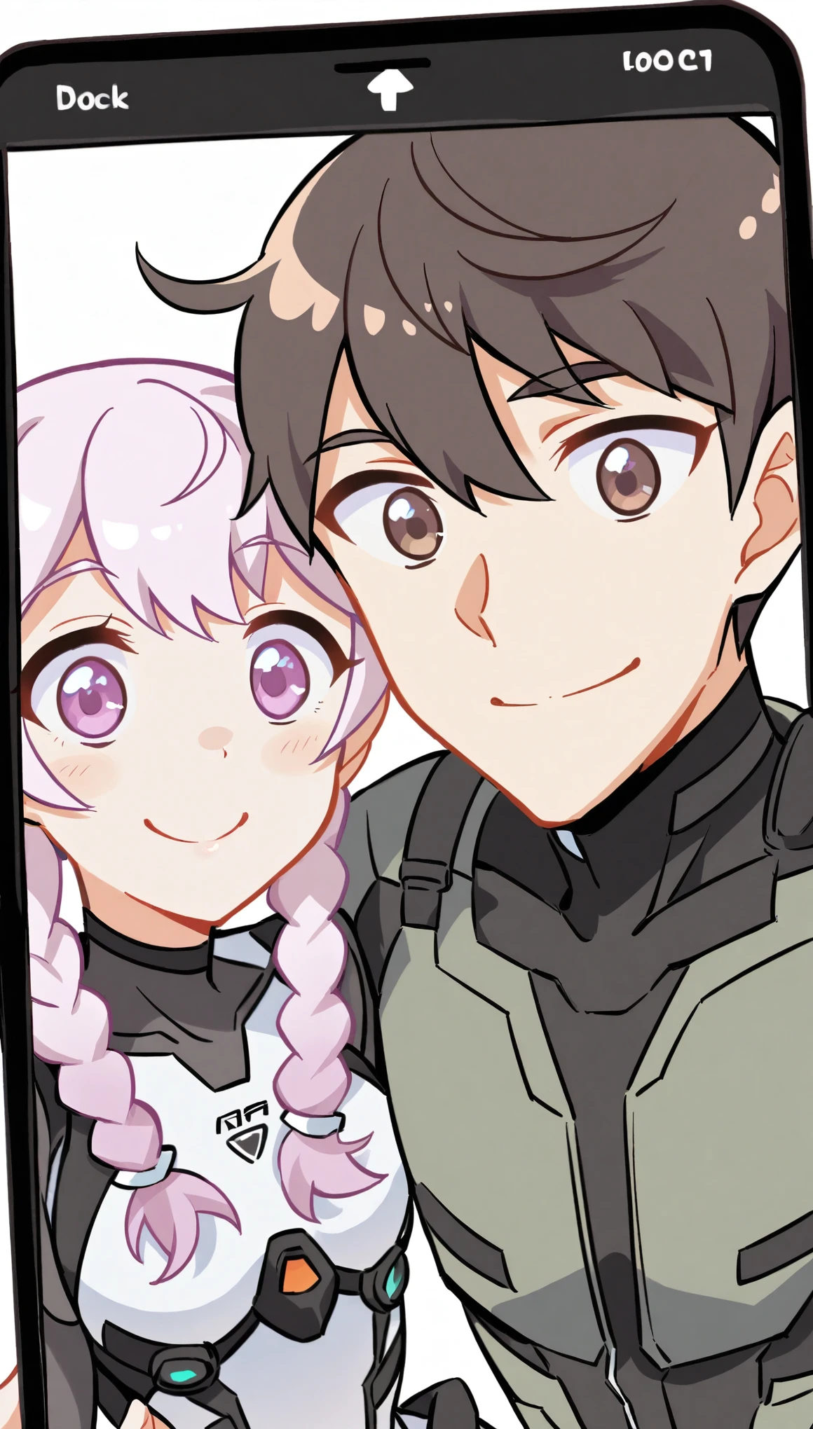 Selfie of a boy and a girl, smiling face, Girl in tights combat suit, Double pigtail braids