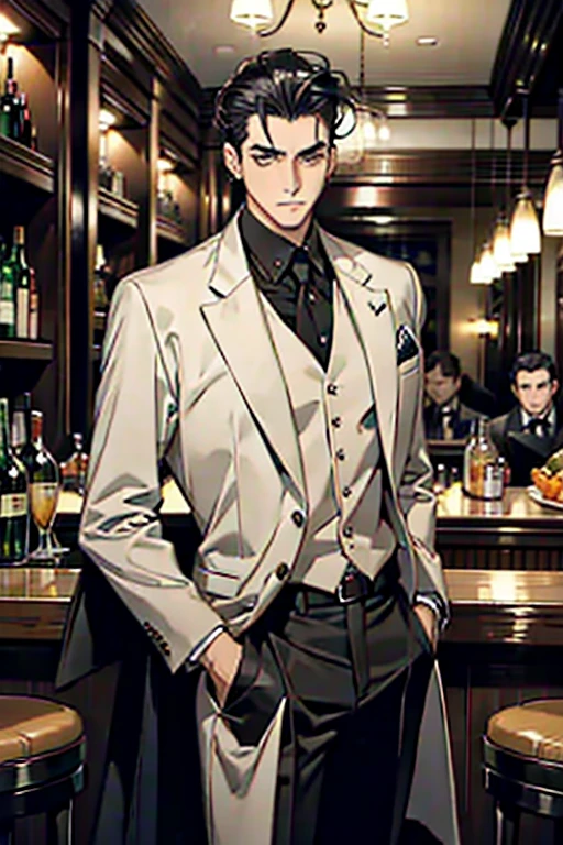 masterpiece , best quality , man , Suit , Black Hair , Slicked back , gentleman , old man , at the bar , Melancholy expression
