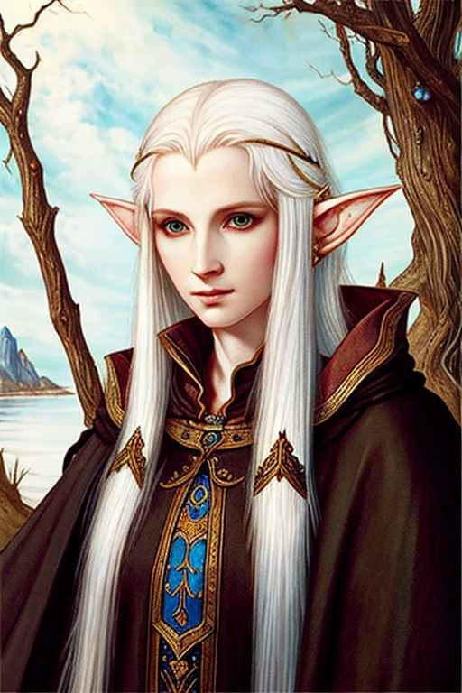 best quality, masterpiece ,detailed, perfect face, painting style, elf, medieval fantasy, White hair, Wizard, Extremely pale skin, Mystic, lady, explorer, elf ear