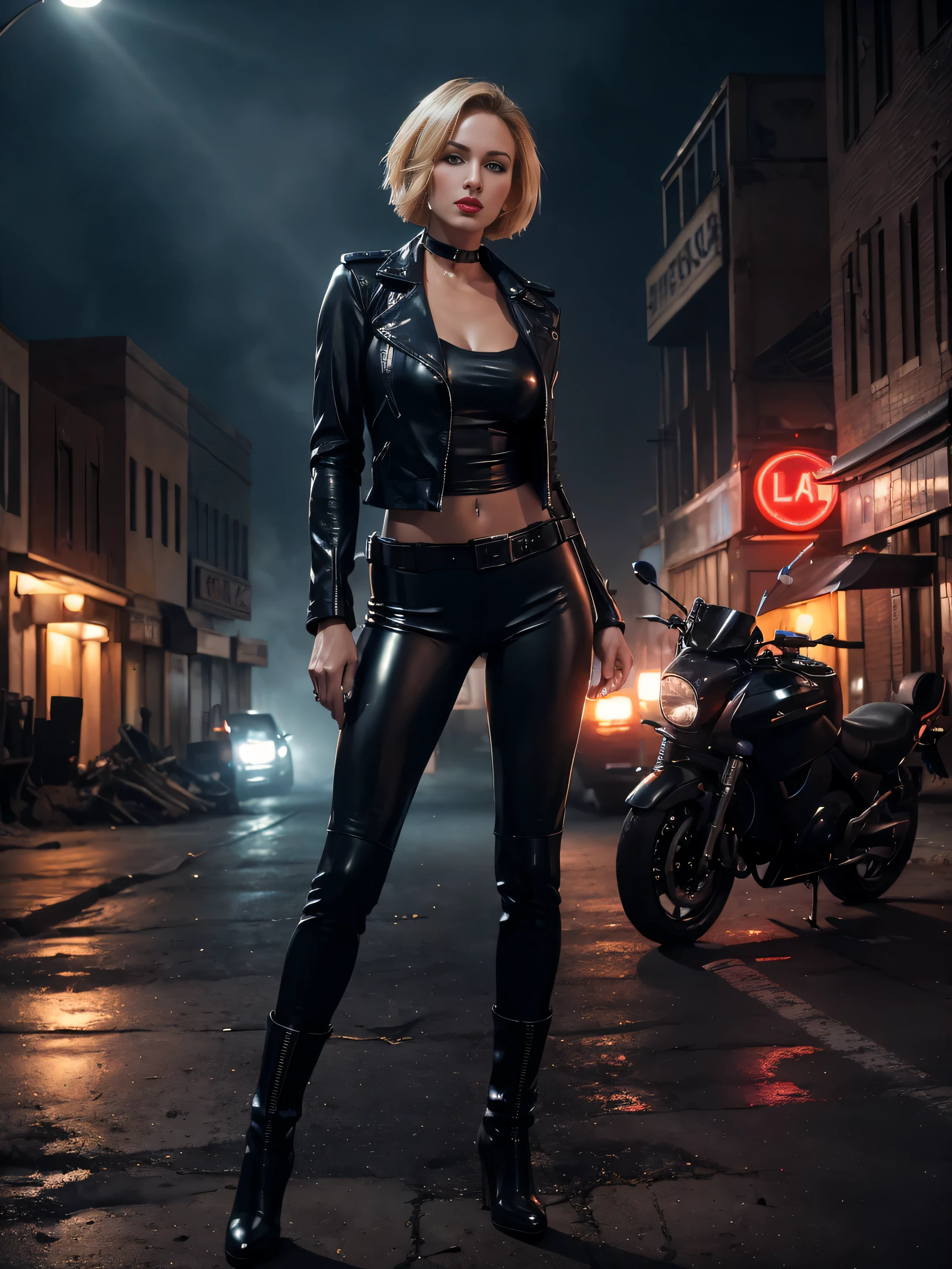 full length young beauty sexy policewoman, blonde short hair, blue eyes, red lips, scowling expression, piercing gaze, wearing tight leather pants, tight leather jacket, leather boots, standing in a deserted post-apocalyptic small town street at night in the fog, faded dark colors