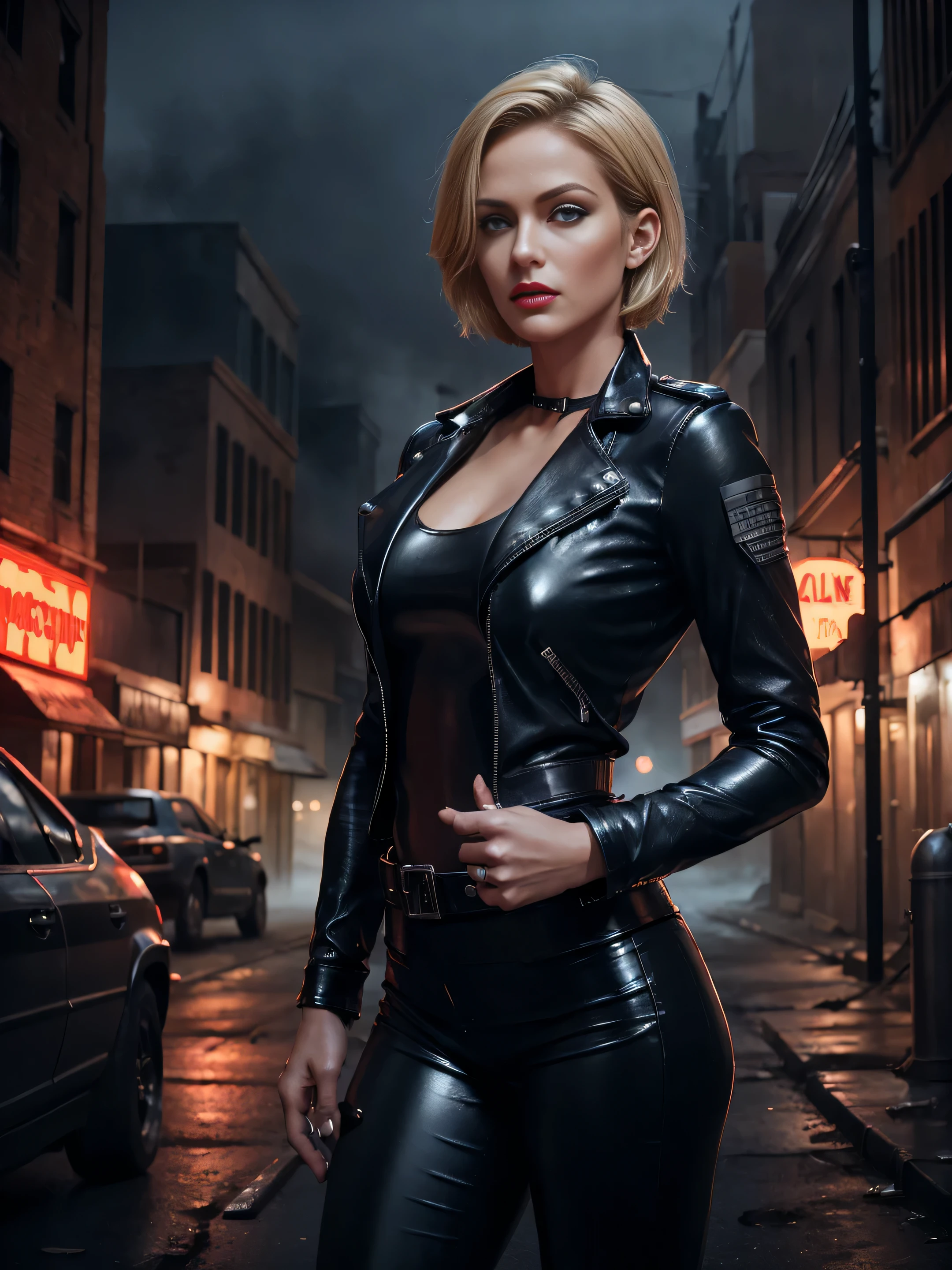 full length young beauty sexy policewoman, blonde short hair, blue eyes, red lips, scowling expression, piercing gaze, wearing tight leather pants, tight leather jacket, leather boots, standing in a deserted post-apocalyptic small town street at night in the fog, faded dark colors