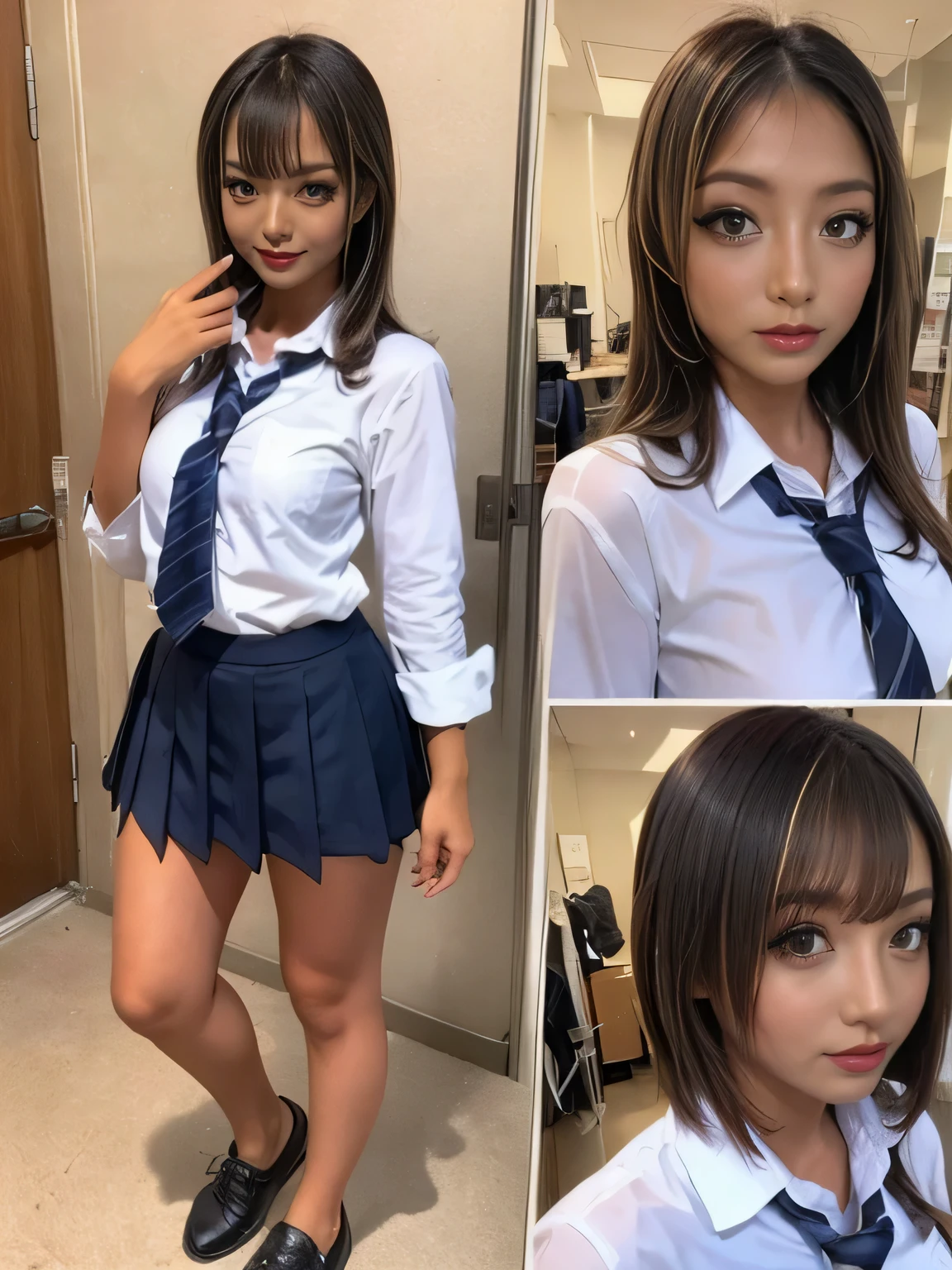 shoes,Shoes are in the picture,I can see feet in shoes,Standing facing forward,whole body,whole bodyが見える,Be careful when viewing as the whole body is captured on camera,Gal, (Anatomically correct),masterpiece, highest quality, Raw photo, Photorealistic, face,Beautiful girls, cute, Blunt bangs, Depth of written boundary, High resolution, Super detailed, detailed, ighly detailedd, extremely detailedd eye and face, Sharp pupils, Realistic students, Cinema Lighting, pale and tanned skin,alone,woman,(school uniform:1.2),Loose fitting shoes, Sunburn marks on tanned skin