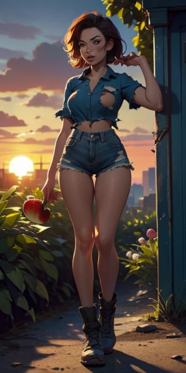 2076 year. N.uh. The Urban Ruins of the Wasteland, Female huntress picking fruit in the garden, beautiful face, torn shirt and denim shorts ,  long legs, sweating through, sun rising, Nice warm colors, head to toe full body shot
