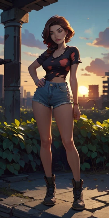 2076 year. N.uh. The Urban Ruins of the Wasteland, Female huntress picking fruit in the garden, beautiful face, torn shirt and denim shorts ,  long legs, sweating through, sun rising, Nice warm colors, head to toe full body shot