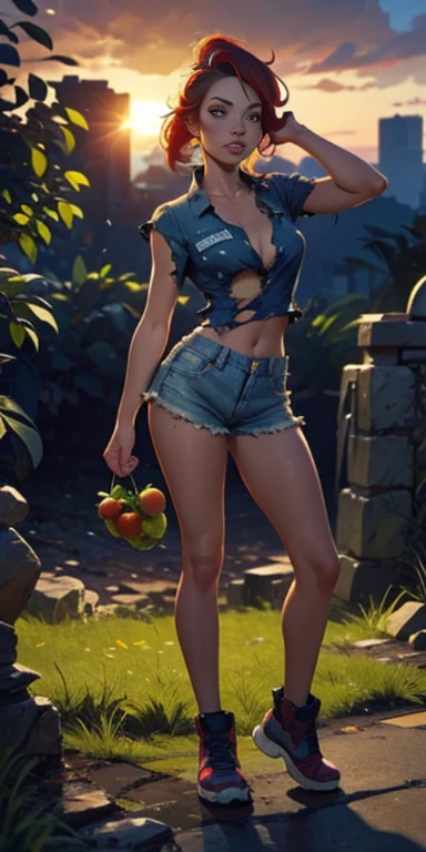 2076 year. N.uh. The Urban Ruins of the Wasteland, Female huntress picking fruit in the garden, beautiful face, torn shirt and denim shorts ,  long legs, sweating through, sun rising, Nice warm colors, head to toe full body shot