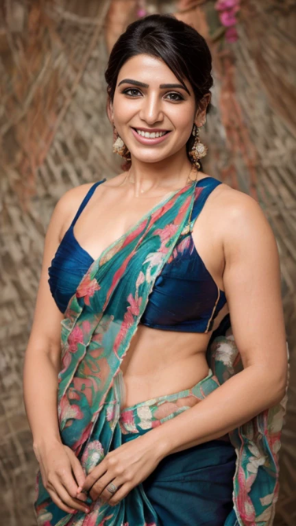 Portrait of samantha ruth prabhu,(((Stunningly Beautiful persian Princess in micro bikini and saree))), elegant blue black updo , sweet smile, Beautiful bride posing under a fairy tale arch of exotic magical flowers, looking back,elaborate scene style, crystal glass lattice, glitter, transparent embroidered lace, realistic style, 8k,exposure blend, medium shot, bokeh, (cinematic)