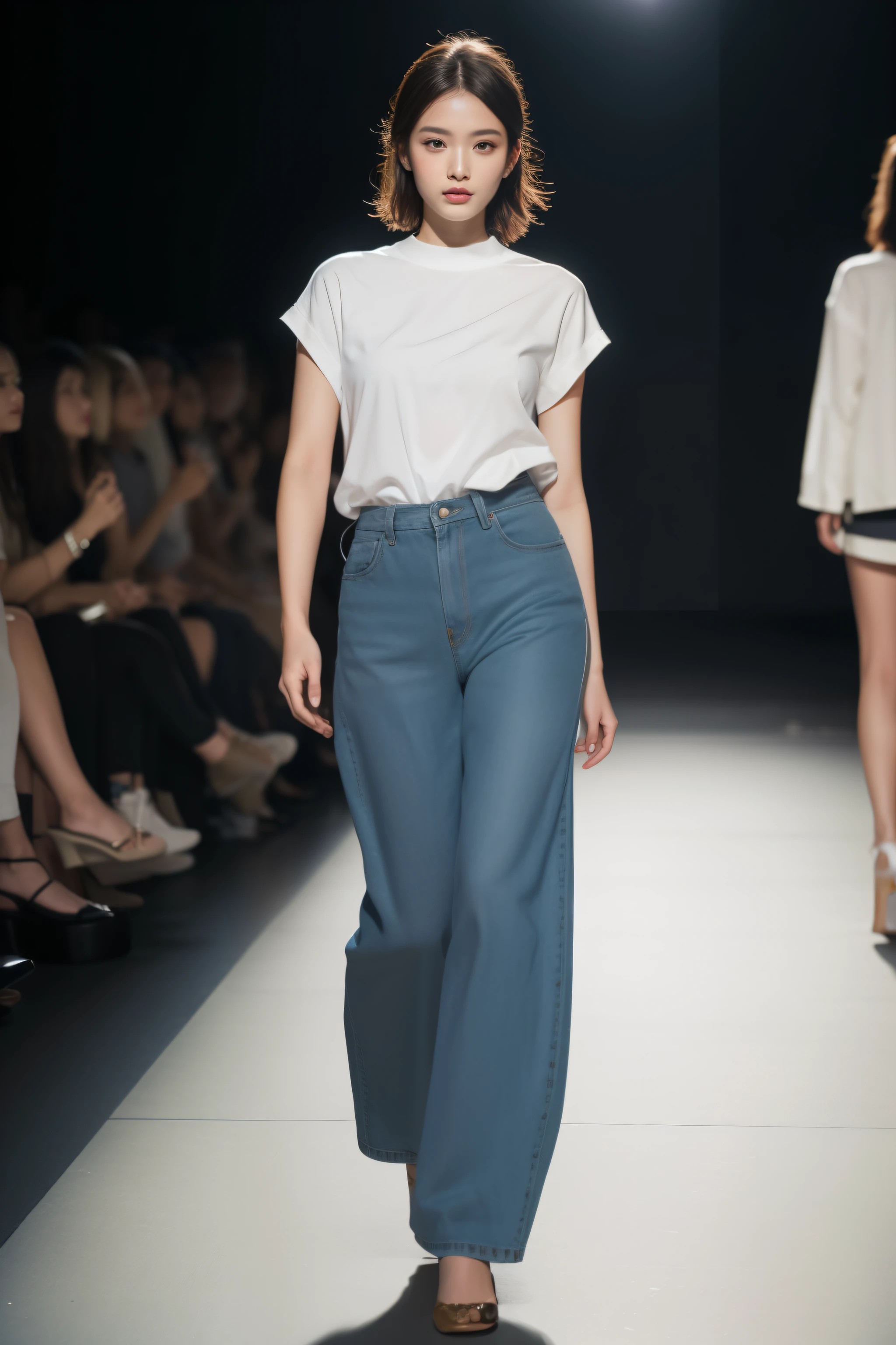 1girll,International supermodel,Long legs,beautiful countenance, dark eyes, wearing a casual style plain color light blue Short sleevetop and a khaki color wide legs pants, pants covered ankles ,Fashion model,Clothing model,Catwalk walk,Elegant,professional,Best quality,Highest quality, 8K,Perfect lighting,professional photoshooting,Lens focus,depth of fields,