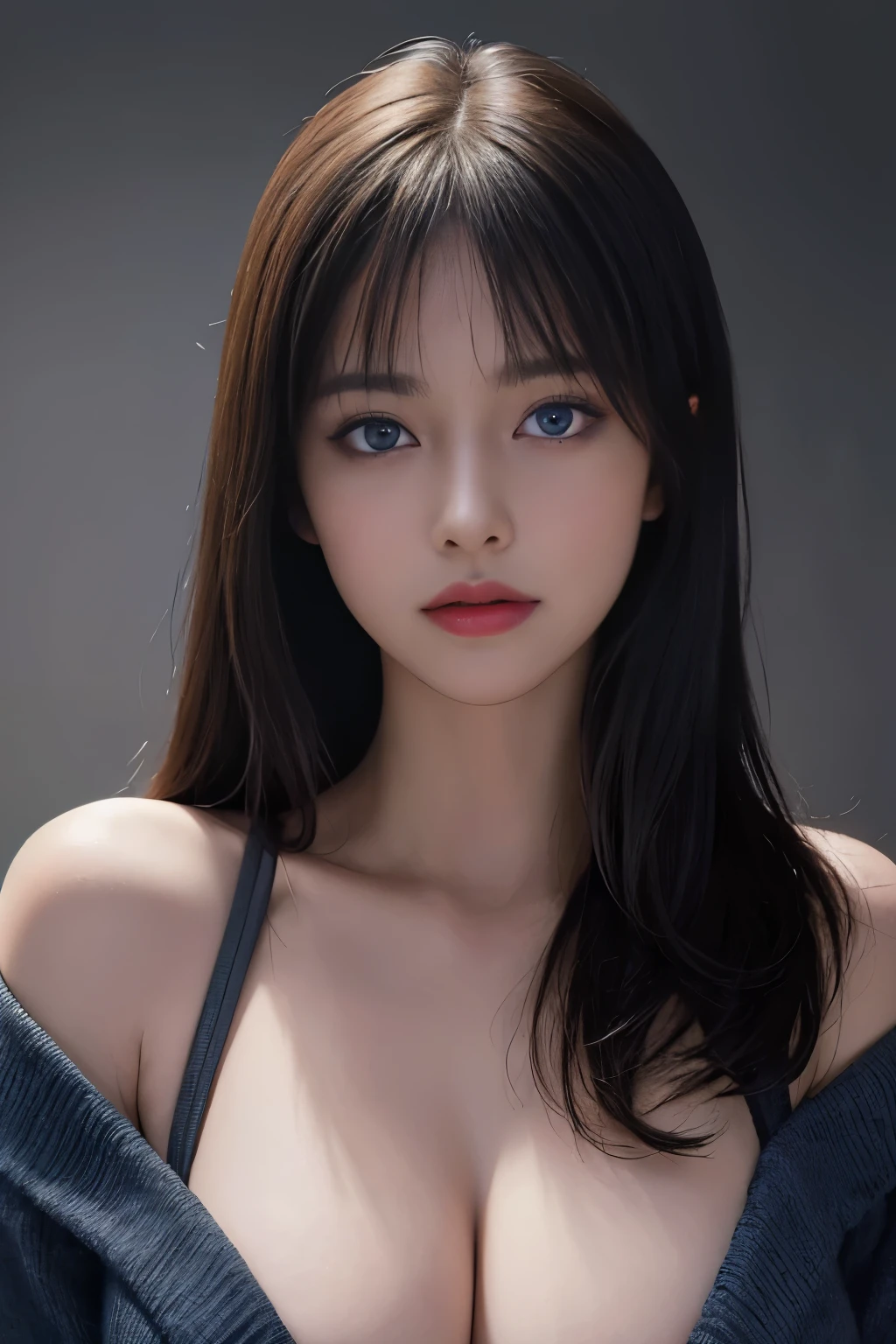 highest quality, masterpiece, Ultra-high resolution, (Realistic:1.5), Raw photo, In the Dark, Deep Shadow, Discreet Key, Cold Light, Watching the audience, ((Dark Background)), big breasts, Exposed cleavage, Long Bangs, blue eyes, Sharp Face, Sharp eyes, Ultra-high resolution,  Perfect Shiny Glowing Skin, Perfect lighting, Detailed lighting, Dramatic Shadows, Ray Tracing, Shoulder, Black sweater, blue eyes,  NSFW,  Upper Body, Open the mouse,