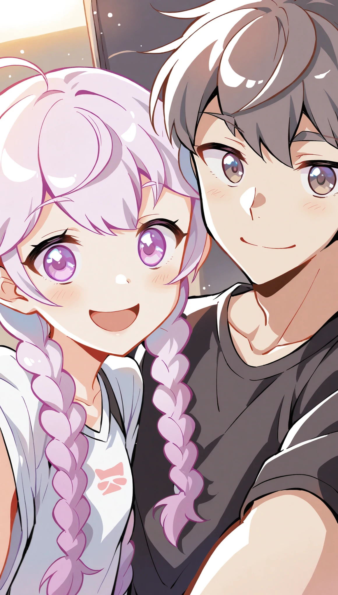 Selfie of a boy and a girl, smiling face, Double pigtail braids