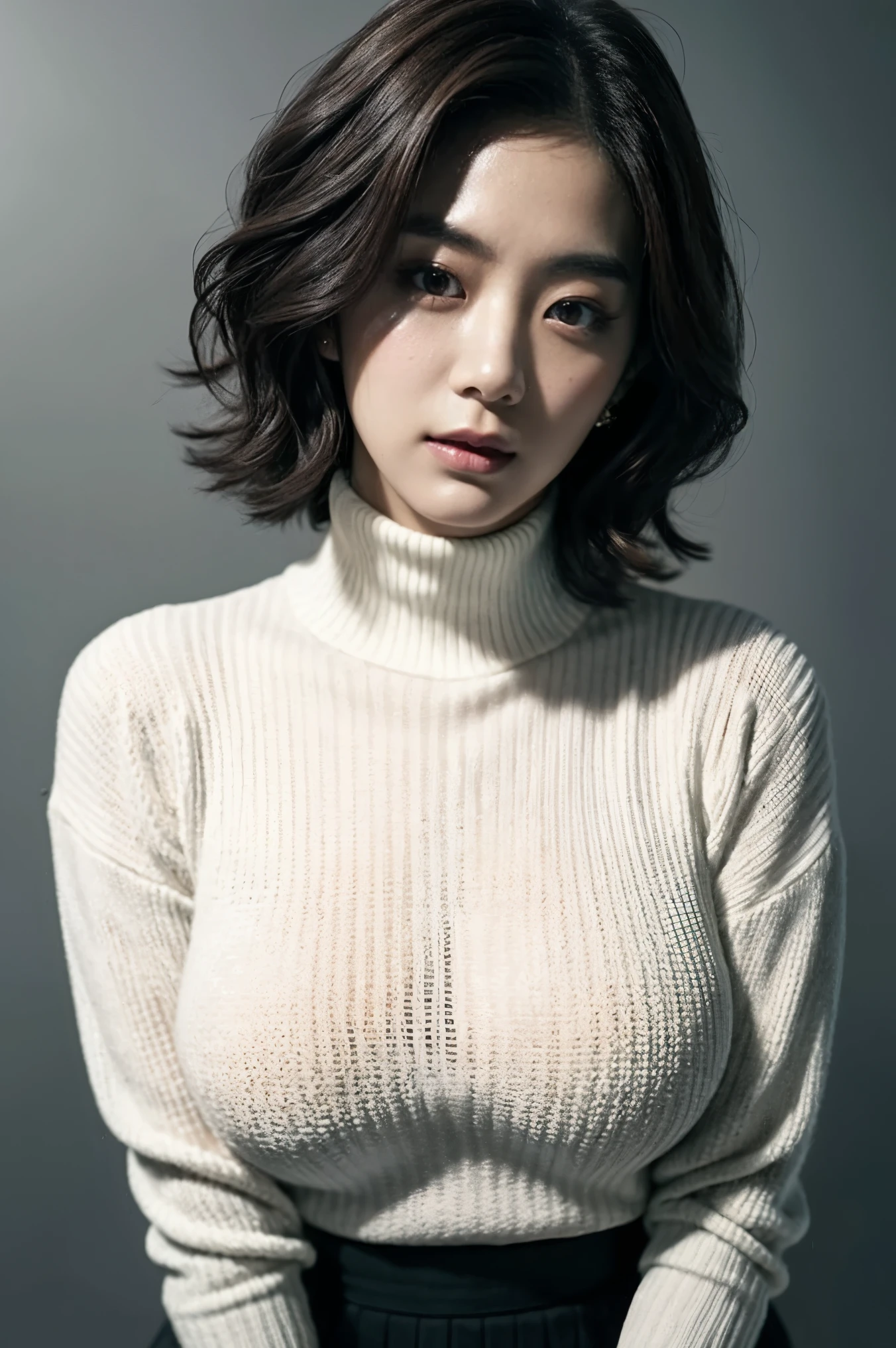 a K-pop idol wearing a turtle neck sweater,
(((masterpiece))), ((best quality)), ((intricate detailed)), ((Hyperrealistic)), absurd res, milf, mature woman, perspective, highly detailed, illustration, 1girl, ((large breasts)), perfect hands, detailed fingers, beautiful detailed eyes, short hair, brown eyes,(turtle neck:1.2), tight skirt, detailed background, choker, perfect eyes, seductive eyes, looking at the viewer, from front