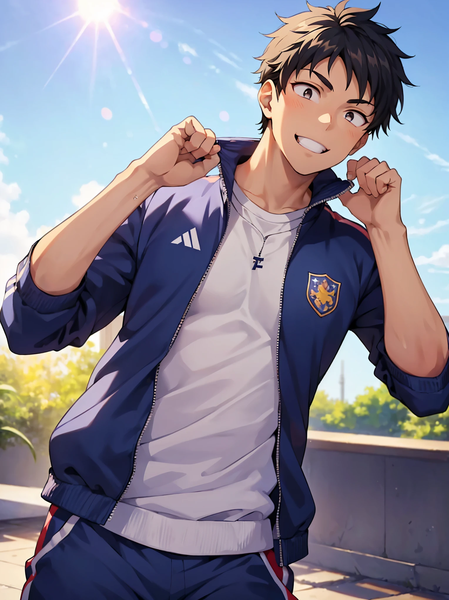 1 boy,black hair,(victory pose:1.5),tracksuit,(very happy,happy smile),celebration,campus grounds,blue sky and sun,upper body,(black eyes,detailed eyes),perfect hands,perfect arms,perfect fingers,(masterpiece,best quality:1.4),Top Quality,High quality,Ultra detailed,insanely detailed,beautiful,anime style