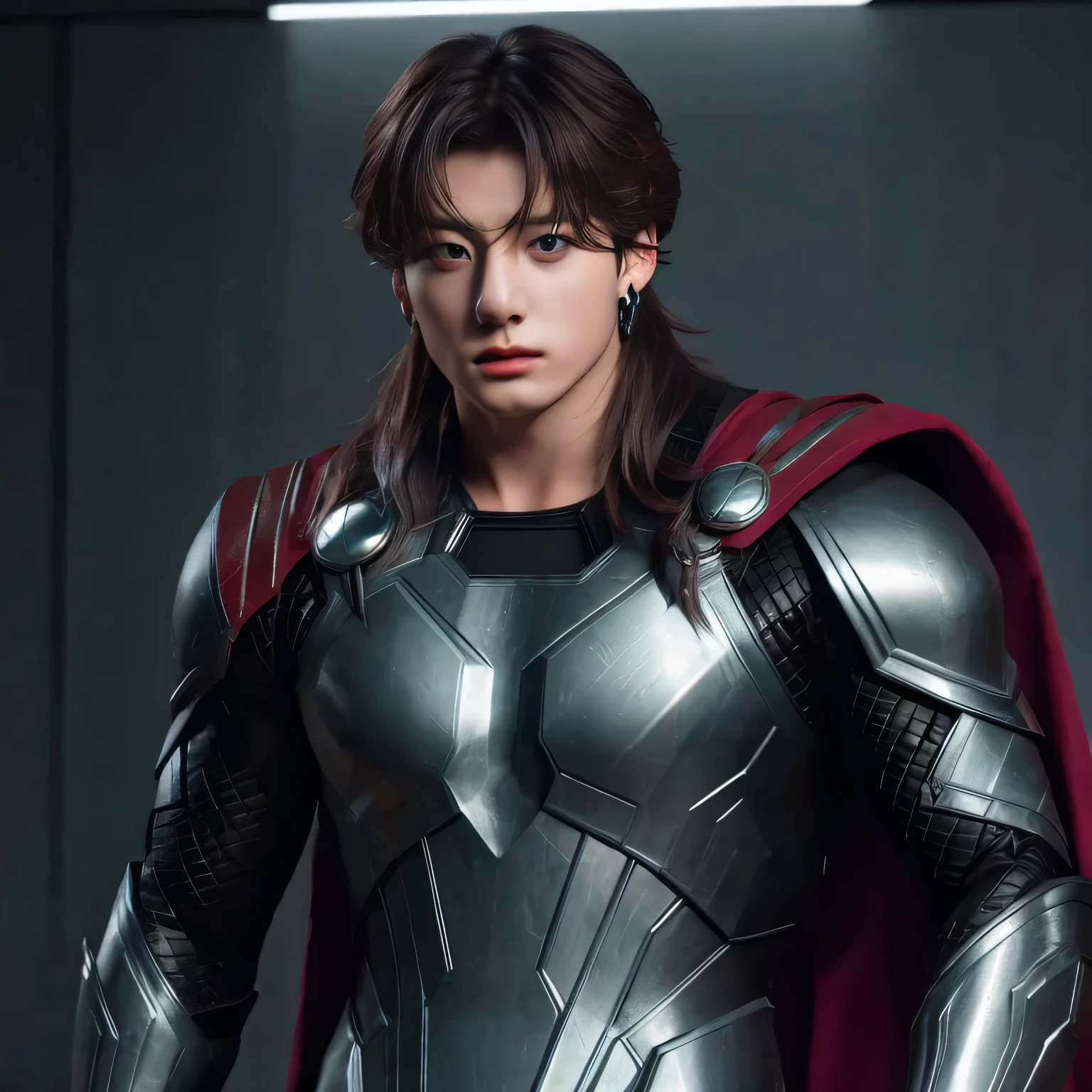 Marvel, Thor, jungkook bts face, he wears a Thor suit, short hair, realistically, dynamic lights, young man, gray stubble, full shoot, (extremely detailed CG unity 8k wallpaper), trending on ArtStation, trending on CGSociety, High Detail, Sharp focus, dramatic, photorealistic