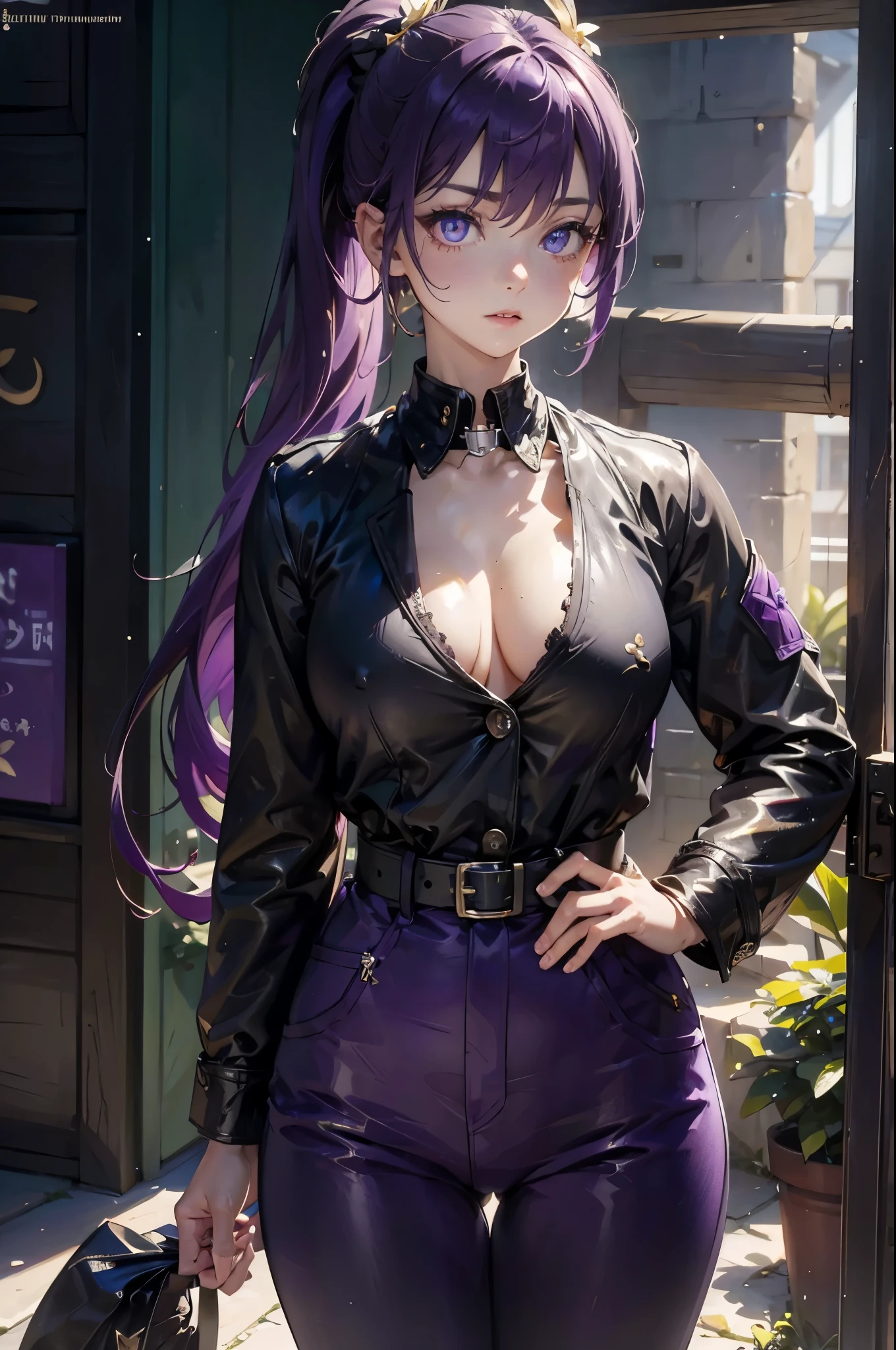 slimeAster, Aster, black trumpet, Hair intake, trumpet, Long hair, them, them girl, them horn, them trumpet, Ponytail, (Purple Eyes:1.1), purple hair, 单trumpet,
rest belt, belt Buckle up, black belt, Buckle up, cleveage, clavicle, jacket, Long sleeve, Office female staff, Pants, purple jacket, purple Pants, wing collar, Green collar,
rest looking at viewer,
rest outdoors,
rest (masterpiece:1.2), best quality, high resolution, Unity 8K wallpaper, (illustration:0.8), (Beautiful and delicate eyes:1.6), extremely detailed face, Perfect lighting, Extremely detailed CG, (Perfect hands, Perfect anatomical structure),((Huge breasts)),Grooves reveal original skin