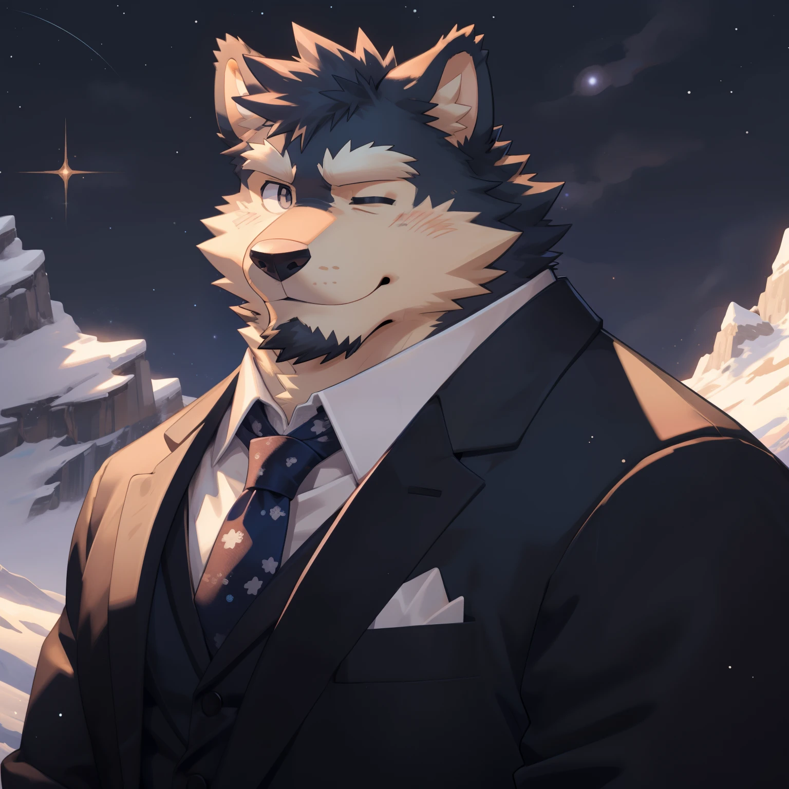 Scribble 德国牧羊dog face,Cute face,Humanity(dog),(Suit:1.3),Chubby,(white eyebrows:1.1),（With one eye closed:1.2）,(perfect black eyes), Starry sky background,mountain peak,print style。（Artist:Takemoto Arashi）