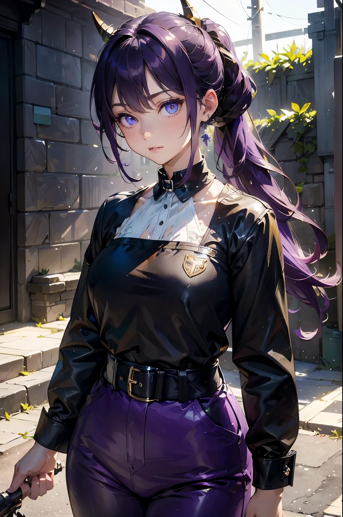 slimeAster, Aster, black trumpet, Hair intake, trumpet, Long hair, them, them girl, them horn, them trumpet, Ponytail, (Purple Eyes:1.1), purple hair, 单trumpet,
rest belt, belt Buckle up, black belt, Buckle up, cleveage, clavicle, jacket, Long sleeve, Office female staff, Pants, purple jacket, purple Pants, wing collar, Green collar,
rest looking at viewer,
rest outdoors,
rest (masterpiece:1.2), best quality, high resolution, Unity 8K wallpaper, (illustration:0.8), (Beautiful and delicate eyes:1.6), extremely detailed face, Perfect lighting, Extremely detailed CG, (Perfect hands, Perfect anatomical structure),((Huge breasts)),Grooves reveal original skin