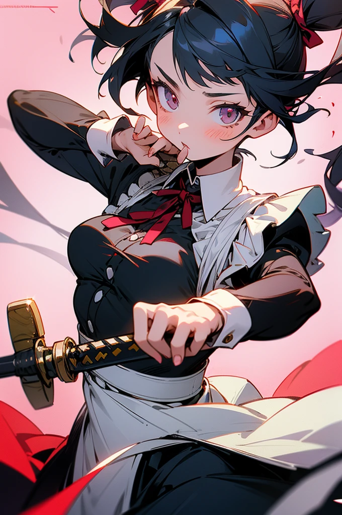 A maid girl swordsman holding a sword,Shibuya city,Twin tails