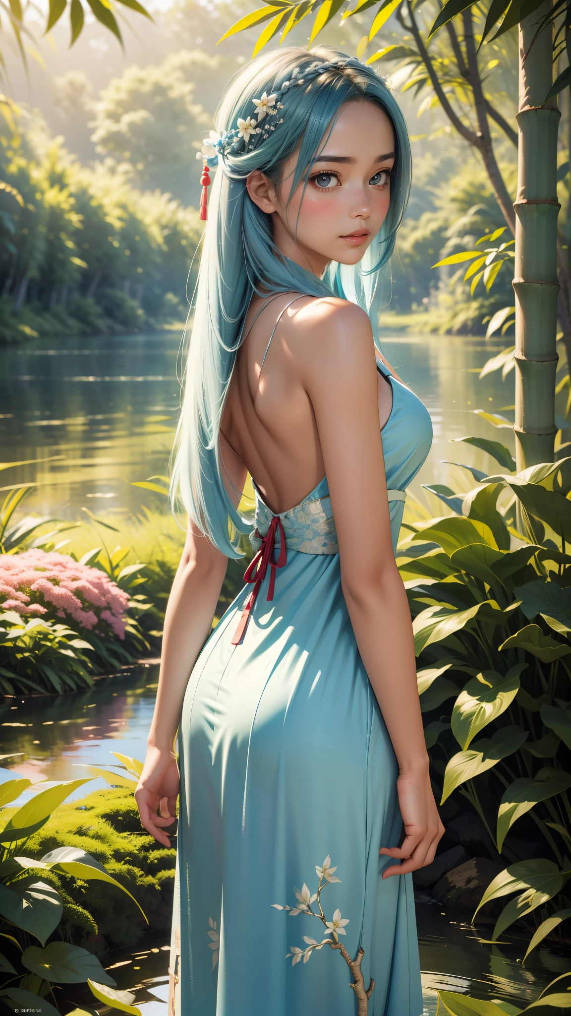 Masterpiece of an illusion, filled with best quality pixels, showcasing an official art image of a girl with sky blue hair cascading down her back, her long locks woven with intricate detail and beautifully framing her detailed eyes. The scene takes place by a serene lake, reminiscent of Forrest Gump's childhood memories. She is clad in traditional Hanfu attire, her bare shoulders revealing a delicate shade of tan, and her pure, soft smile gracing her lips. Bamboo groves and tea plants surround the lake, creating a sense of tranquility and harmony. The atmosphere is captured in an 8k wallpaper, offering an extremely detailed illustration of every element, from