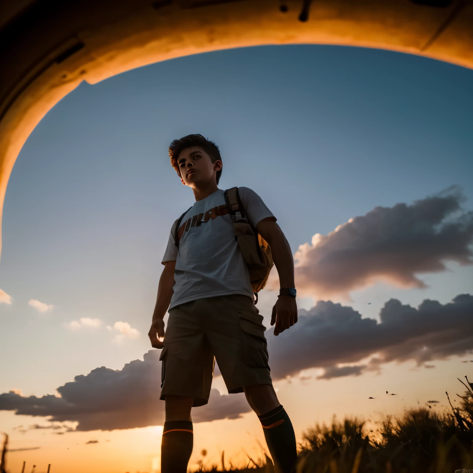 (8k, RAW Photos, highest quality, masterpiece:1.2),(Realistic, photo-Realistic:1.37), ((highest quality)), Ultra-high resolution,Highly detailed CG Unity 8k wallpaper, Physically Based Rendering,Cinema Lighting,whole body, (Bokeh:1.4), (One boy), sit, Watching the sunset, Warm Sunset, Beautiful sky, cloudy, Airplane wake, View from afar, From below