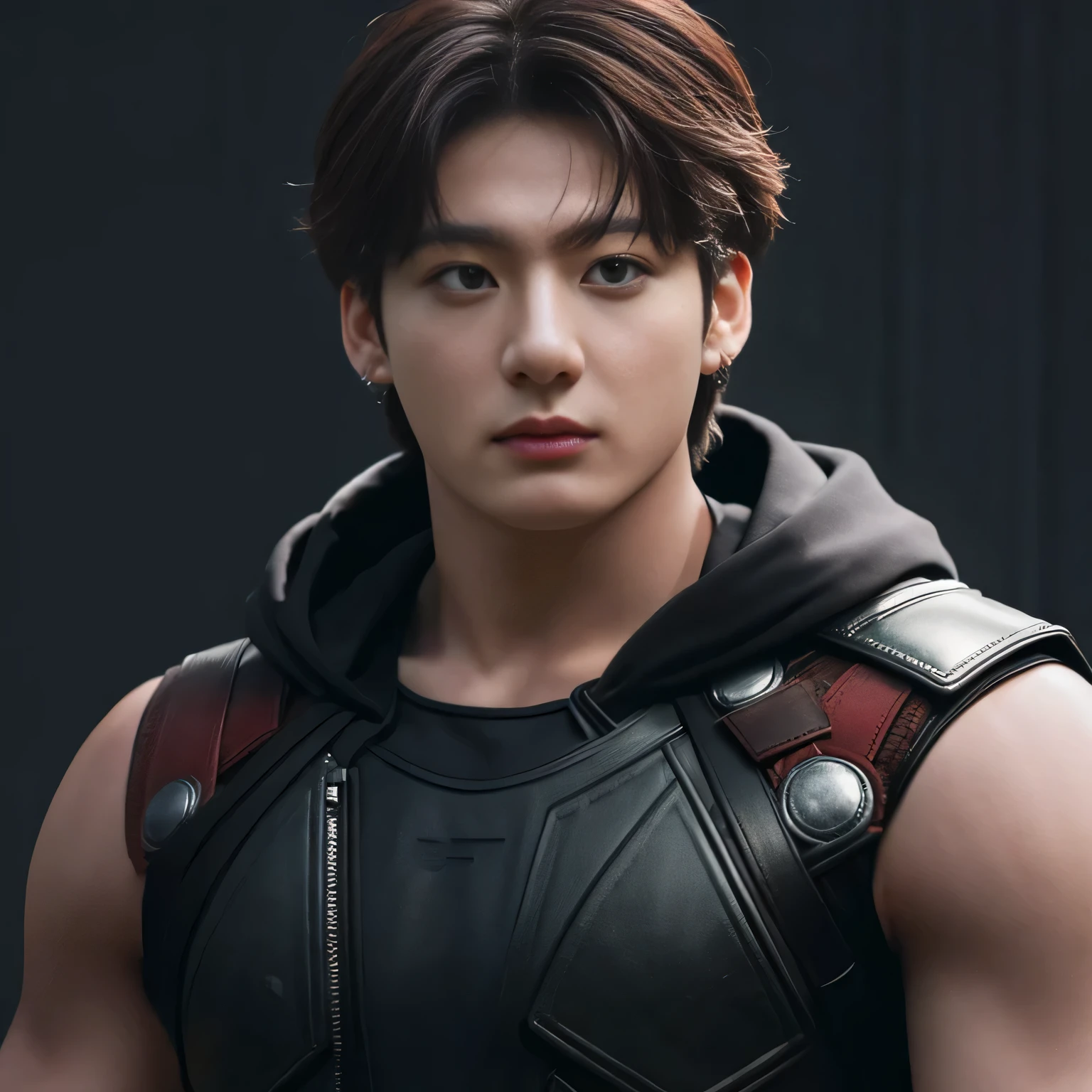 Marvel, Thor, jungkook bts face, realistically, Thor clothing, dynamic lights, young man, gray stubble, full shoot, (extremely detailed CG unity 8k wallpaper), trending on ArtStation, trending on CGSociety, High Detail, Sharp focus, dramatic, photorealistic