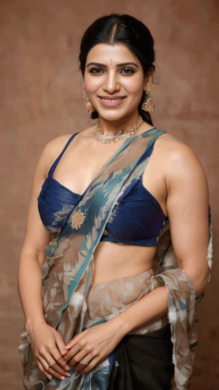 Portrait of samantha ruth prabhu,(((Stunningly Beautiful persian Princess in micro bikini and saree))), elegant blue black updo , sweet smile, Beautiful bri3, looking back,elaborate scene style, crystal glass lattice, glitter, transparent embroidered lace saree, realistic style, 8k,exposure blend, medium shot(cinematic)