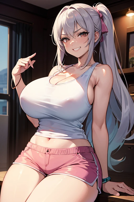 (Ultra Masterpiece, Best quality, 8k), Detailed Face + eyes, (Absurdres), (Skindentation), (Best shadow), (Anime), /(Tsundere face)/, /(Tsundere looks)/, (Perfect face)+, (seductive beauty)+, (Gyaru), Huge breasts, Very curvy, (grey hair), Long hair, Bracelets, Beautiful hairstyle, (amber eyes), Full lips, ( face filled with happiness, angry expression, grin), (cute face), cute, ((beautiful character design)), At home, ( Intricate Clothes, intricate clothes ), BREAK, Professional photo, (Toned legs, Thick thighs), Big breasts, Ray tracing, (Perfect face)+, Octane render, good looking tank-top, ((white) loose tank-top: 1.3), tank top, good-looking shorts, ((pink) shorts: 1.2), shorts, open clothes, (cleavage), Huge breasts, (Shiny skin), (healthy body), 1 Female, (bold and assertive pose), (Very sexy+, Gorgeous woman++, young beautiful woman+), ( Facing the viewer ), ((Tsundere))+