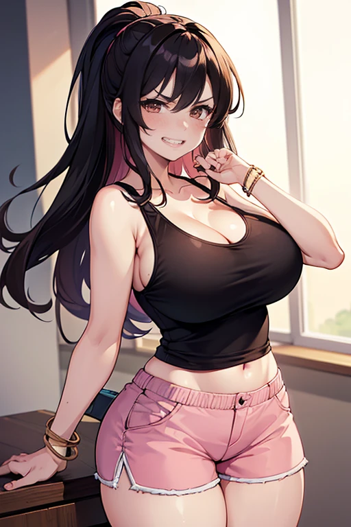 (Ultra Masterpiece, Best quality, 8k), Detailed Face + eyes, (Absurdres), (Skindentation), (Best shadow), (Anime), /(Tsundere face)/, /(Tsundere looks)/, (Perfect face)+, (seductive beauty)+, (Gyaru), Huge breasts, Very curvy, (dark hair), Long hair, Bracelets, Beautiful hairstyle, (amber eyes), Full lips, ( face filled with happiness, angry expression, grin), (cute face), cute, ((beautiful character design)), At home, ( Intricate Clothes, intricate clothes ), BREAK, Professional photo, (Toned legs, Thick thighs), Big breasts, Ray tracing, (Perfect face)+, Octane render, good looking tank-top, ((white) loose tank-top: 1.3), tank top, good-looking shorts, ((pink) shorts: 1.2), shorts, open clothes, (cleavage), Huge breasts, (Shiny skin), (healthy body), 1 Female, (bold and assertive pose), (Very sexy+, Gorgeous woman++, young beautiful woman+), ( Facing the viewer ), ((Tsundere))+