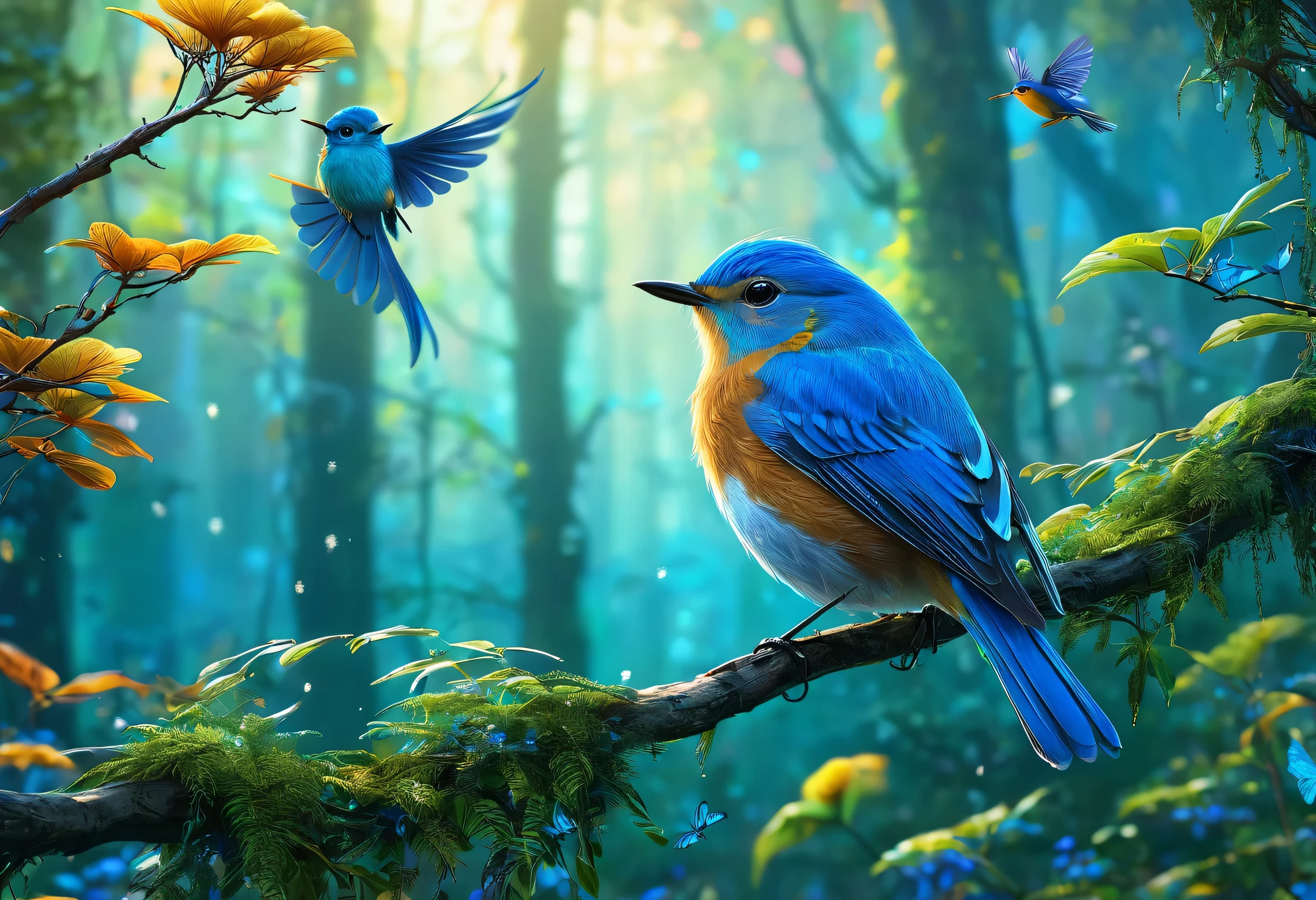 In the forest where many birds fly、Blue bird perched on a branch, Magical forest background, very Beautiful digital art, Colorful digital fantasy art, Beautiful digital art, Beautiful digital artwork, Highly detailed digital art in 4K, mysterious bird, fantasy digital art, Digital Art Fantasy, A mesmerizing magical fantasy forest, Magical forest background, detailed fantasy digital art
