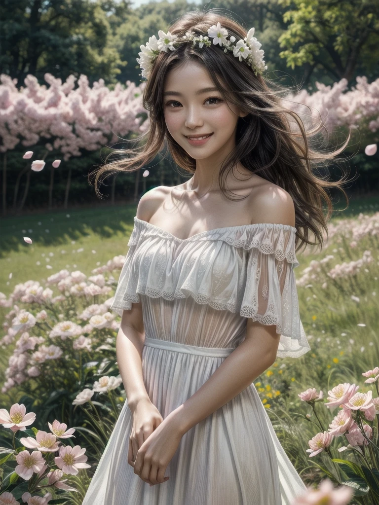 Best quality, masterpiece, ultra high res, (photorealistic:1.4), raw photo, 1girl, white dress, off shoulder, blossom flower field, glowing skin, light smile