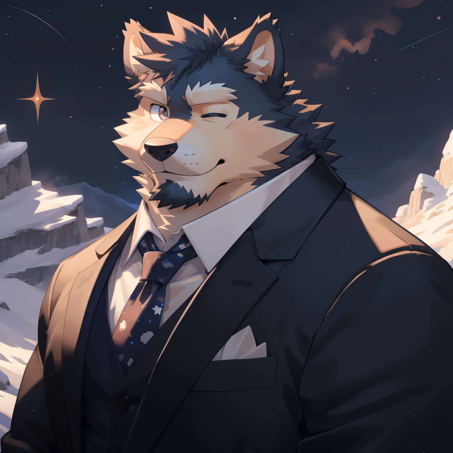 Scribble 德国牧羊dog face,Cute face,Humanity(dog),(Suit:1.3),Chubby,(white eyebrows:1.1),(With one eye closed:1.2),(perfect black eyes), Starry sky background,mountain peak,print style。(Artist:Takemoto Arashi)