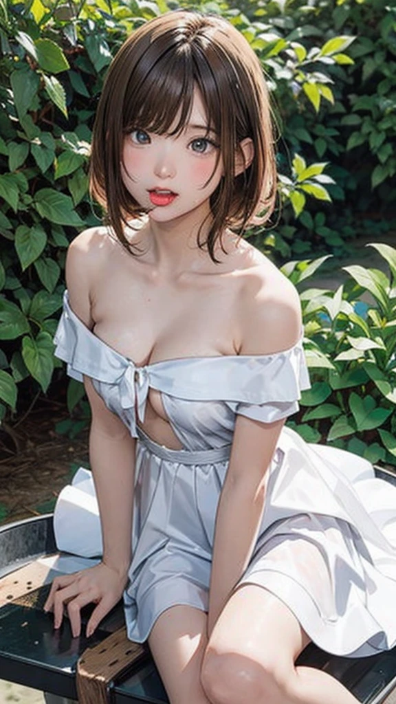 highest quality、4K quality、Beautiful cleavage、Beautiful Style、tall、Small breasts、Bare buttocks、Small Ass、Shy face、20 year old blonde princess、Bare shoulders、My skirt is blown up by the wind、ultra detail eye,Shooting from behind、Off-the-shoulder gorgeous dresses、Sticking out tongue and licking chocolate popsicle、realistic tongue、Holding a chocolate popsicle in one's army whole body is wet、Small face、Soft skin quality