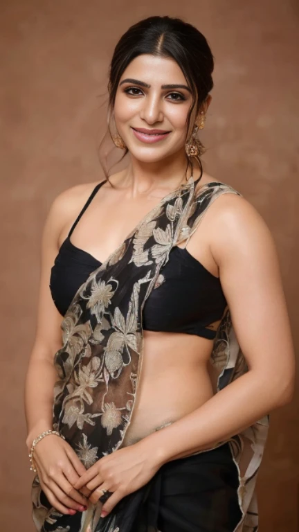 Portrait of samantha ruth prabhu,(((Stunningly Beautiful persian Princess in micro bikini and saree))), exposing cleavage and navel , sweet smile, Beautiful bride, looking back,elaborate scene style, crystal glass lattice, glitter, transparent embroidered black lace saree, realistic style, 8k,exposure blend, medium shot(cinematic)