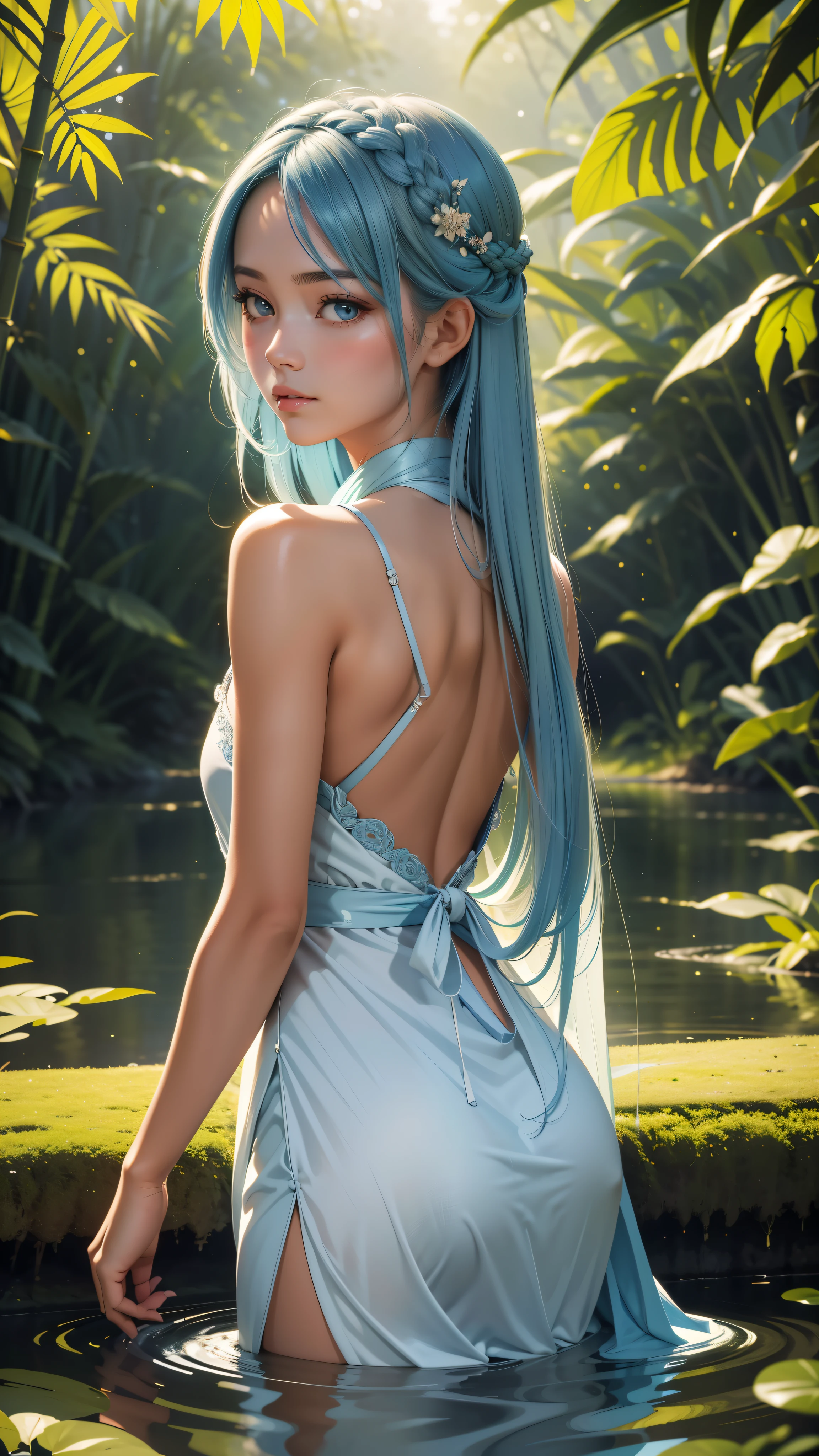 Masterpiece of an illusion, filled with best quality pixels, showcasing an official art image of a girl with sky blue hair cascading down her back, her long locks woven with intricate detail and beautifully framing her detailed eyes. The scene takes place by a serene lake, reminiscent of Forrest Gump's childhood memories. She is clad in traditional Hanfu attire, her bare shoulders revealing a delicate shade of tan, and her pure, soft smile gracing her lips. Bamboo groves and tea plants surround the lake, creating a sense of tranquility and harmony. The atmosphere is captured in an 8k wallpaper, offering an extremely detailed illustration of every element, from