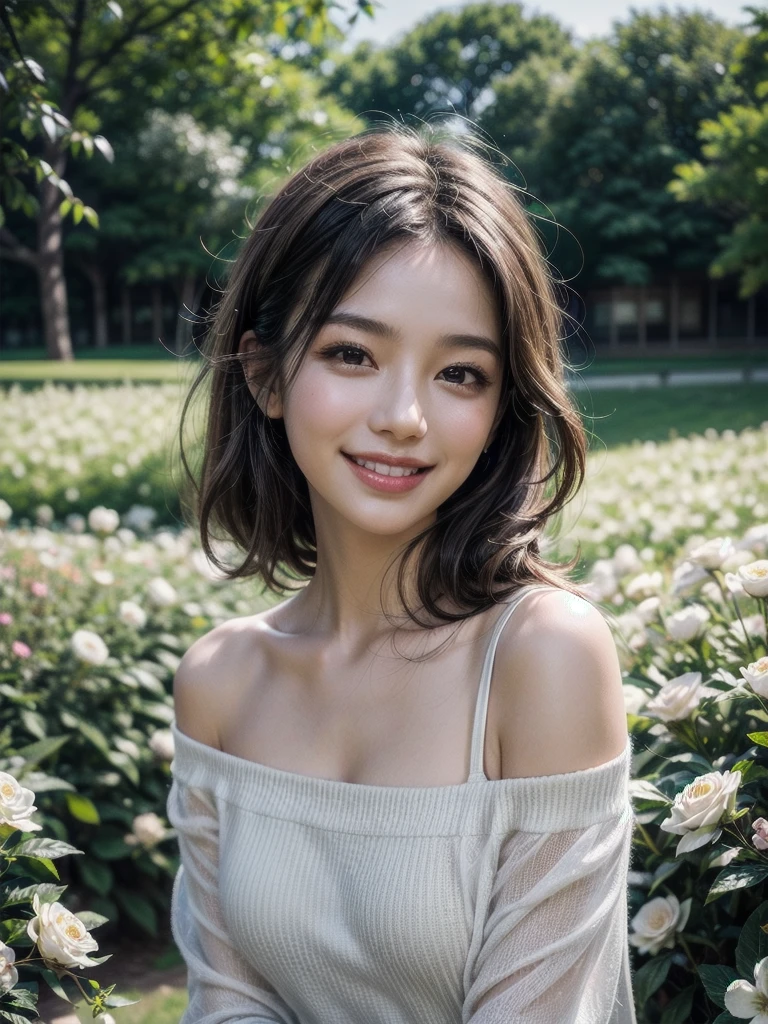 Best quality, masterpiece, ultra high res, (photorealistic:1.4), raw photo, 1girl, white dress, off shoulder, blossom flower field, glowing skin, light smile