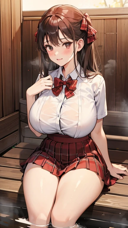 school girl In the sauna , big breasts , big tits , Soak in water , skirt dark red , plaid skirt , pleated skirt , red knot , red bow , steam , white shirt