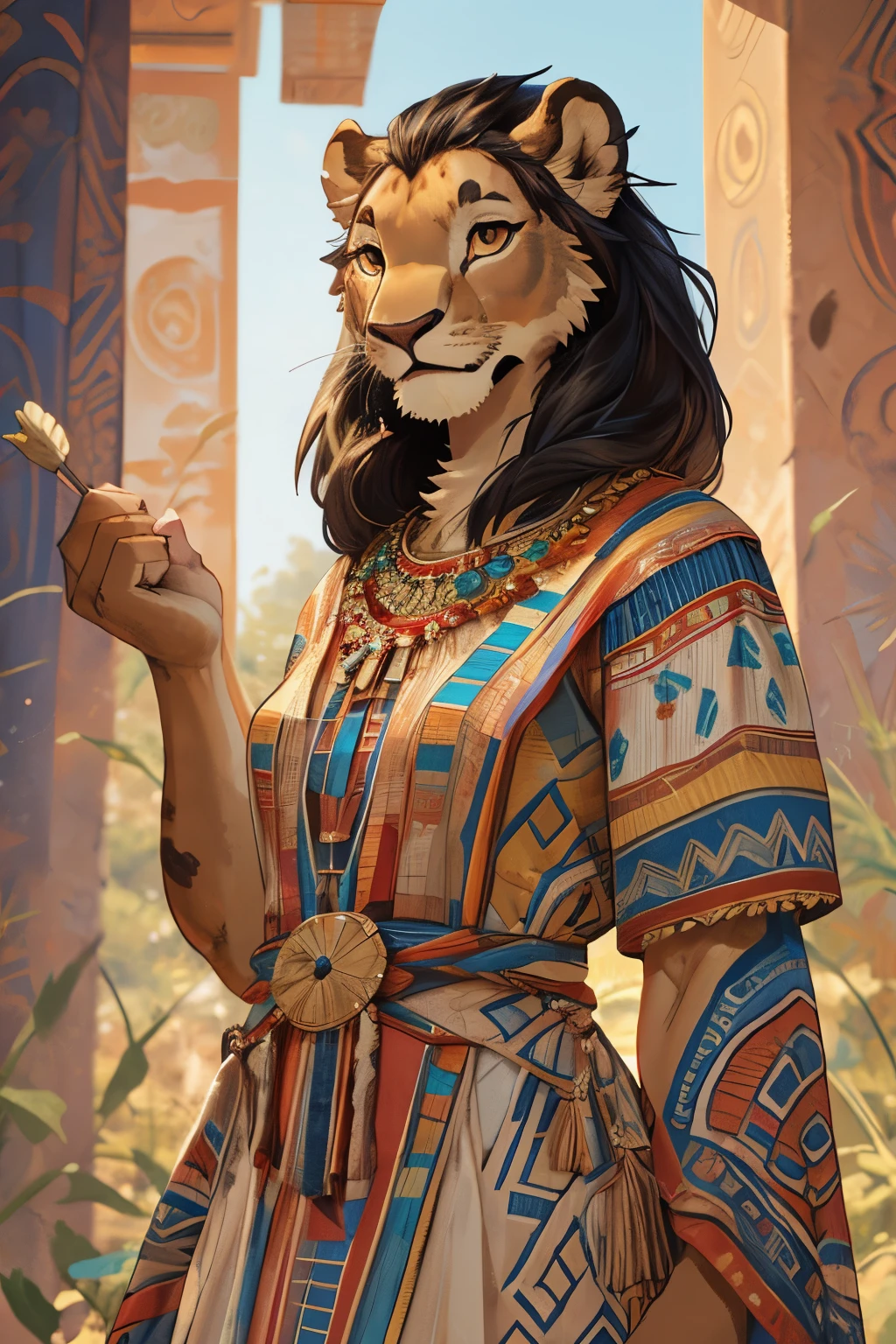 Nala, antro femenino peludo, lion girl, tecuerpo completo, princesa (african traditional dress), ribete de piel, solo, (pelaje del cuerpo:1.2), (mejor calidad), Makoto shinkai, (fondo sabana africana detallado), lots of sunlight, (pelaje esponjoso detallado:1.1), mirando al espectador, small breasts, posando, tierna, commission, arte furry