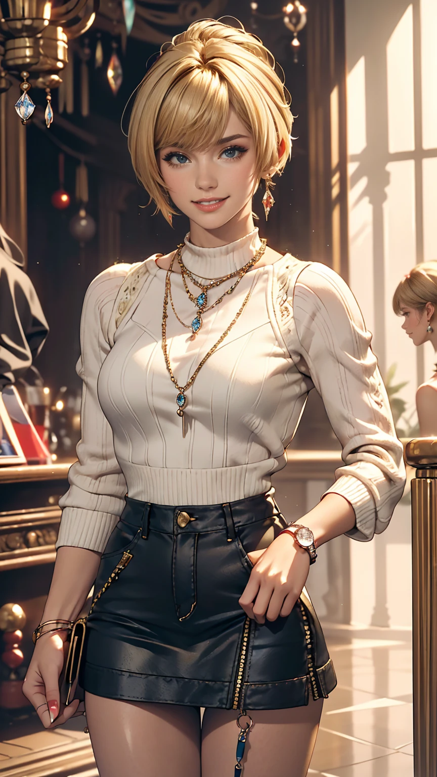 ((最high quality, 8K, masterpiece: 1.3, Ultra HD, high quality, 最high quality, High resolution, realism)) 、25-year-old Caucasian female、blue eyes、long hair、smile、slender、slenderだがアスリートのような細マッチョ、I want my head to stay off screen、Wear accessories on your wrist、Wearing red nail polish、I have a peticure、aerial perspective((atmospheric perspective))、smile((smiley))、Background blur((depth of field)、Crystal Earrings((crystal earrings))、Blonde((blonde hair))、Bangs at the parting((parted bangs))、Pixie Cut Hair((pixie cut))、Wear zipper-up tops、Wear knitted tights、Wear a low-rise miniskirt、No sleeve、Wear sneakers、sexy pose