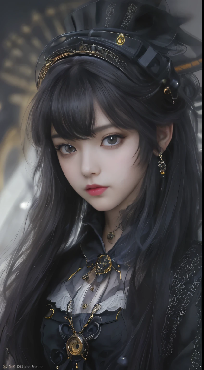 (((Masterpiece, top quality, ultra-detailed))), (((1 Infinity Mage Girl))), , (((very detailed face))), small thin nose, small thin-lipped mouth, (((very sharp focused eyes))), very large slit precision pale grey eyes, sparkling like jewels. Very long eyelashes, long black hair in black vertical curls, with fringes, ((Steampunk fashion, Gothic Lolita fashion))