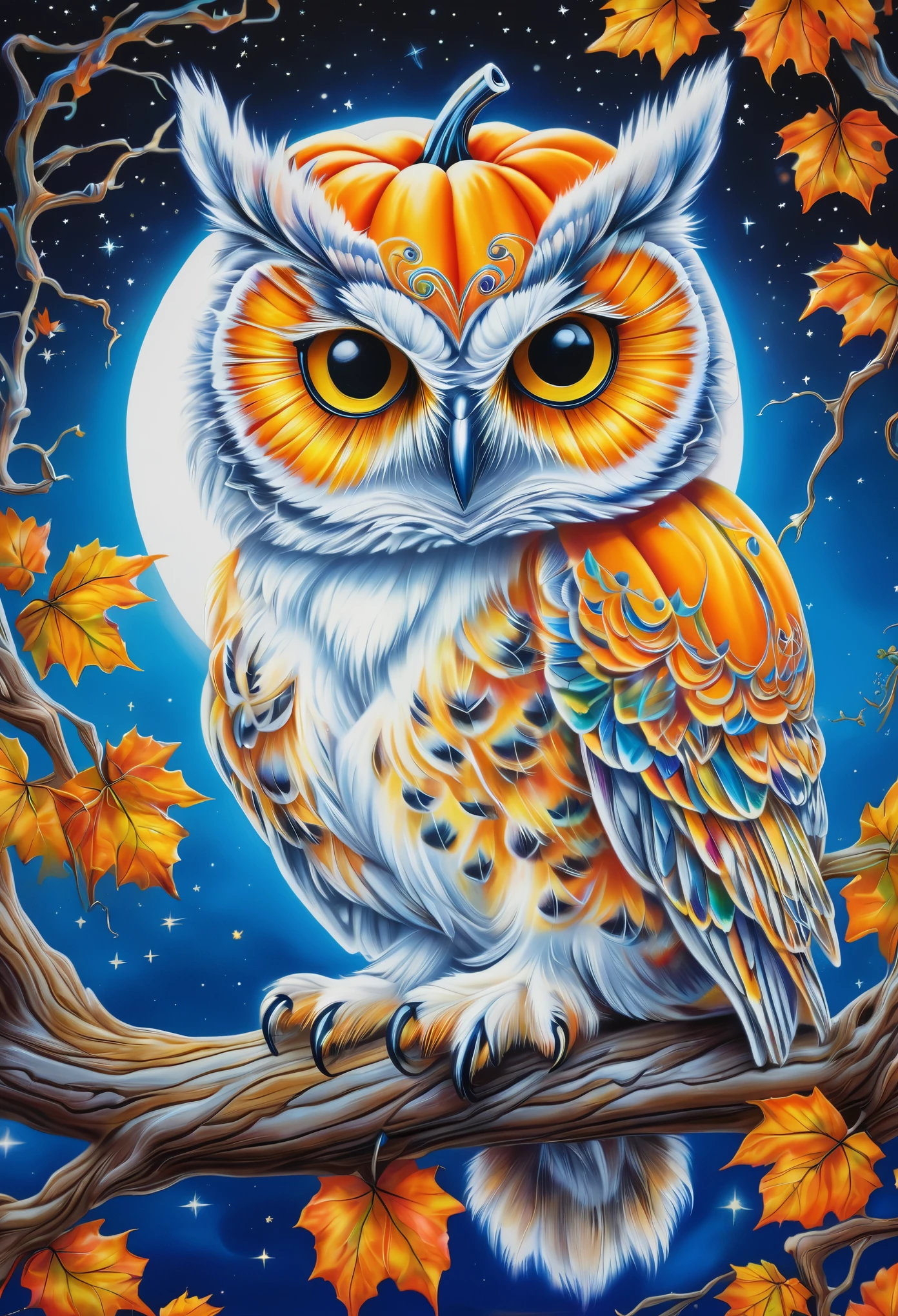 A drawing of an owl sitting on a branch holding a pumpkin, Airbrush painting by Lisa Frank, Shutterstock, Psychedelic Art, 光りglowing owl, glowing owl, glowing white owl, Owl Wizard, glowing owls, Colourful and detailed, alien owl, artwork, The wisest of owls, mixture between an! owl and wolf, Scary detailed color art