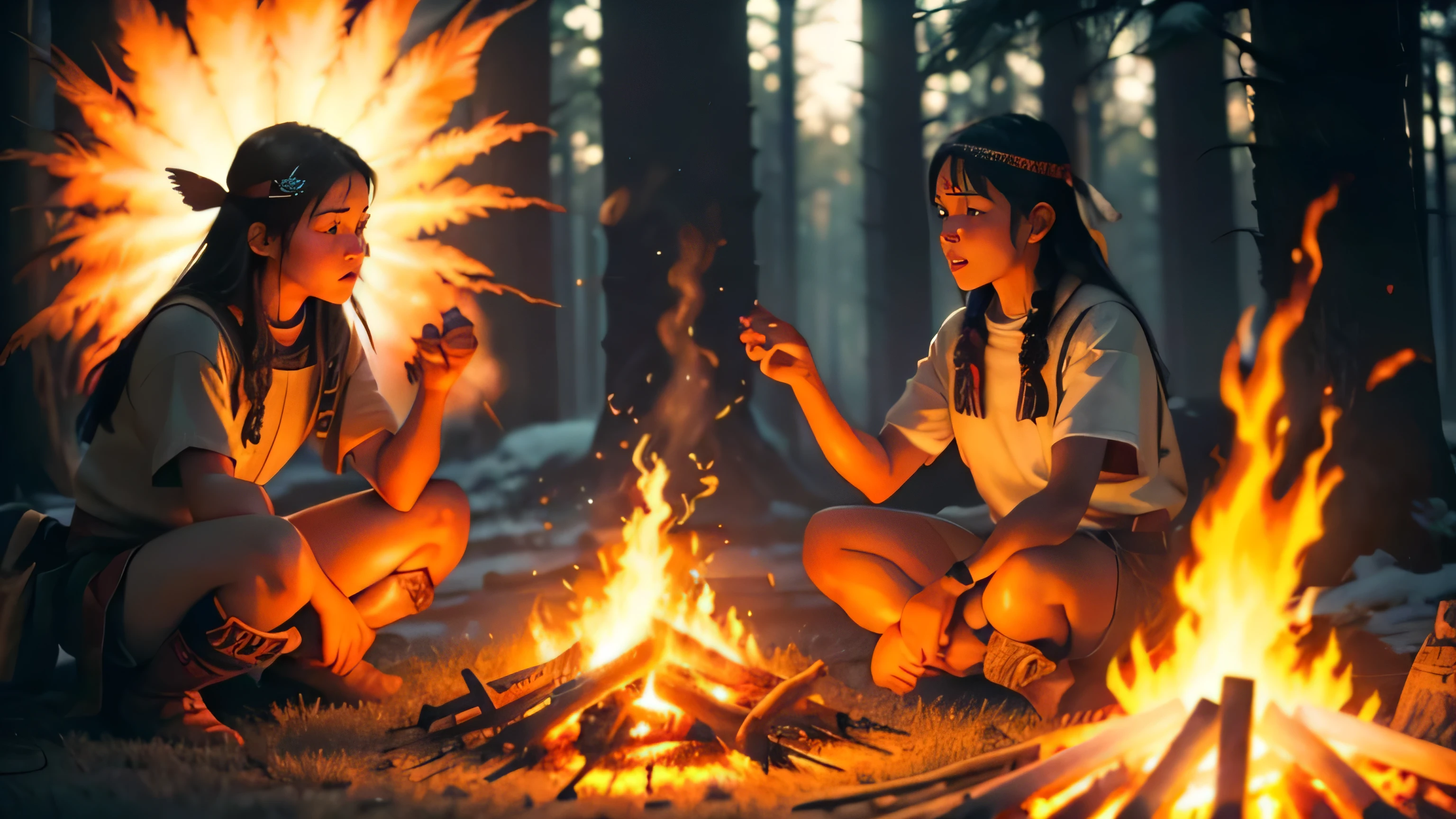 Campfire: in the Great Plains, Sioux youth dance around the fire, crackling flames, heat of fire, glowing embers, twinkling light, shadow, flickering smoke, warm bonfire. (best quality, 16k, masterpiece: 1.2) ultra-detailed, (realistic, photorealistic, photo-realistic: 1.37), 